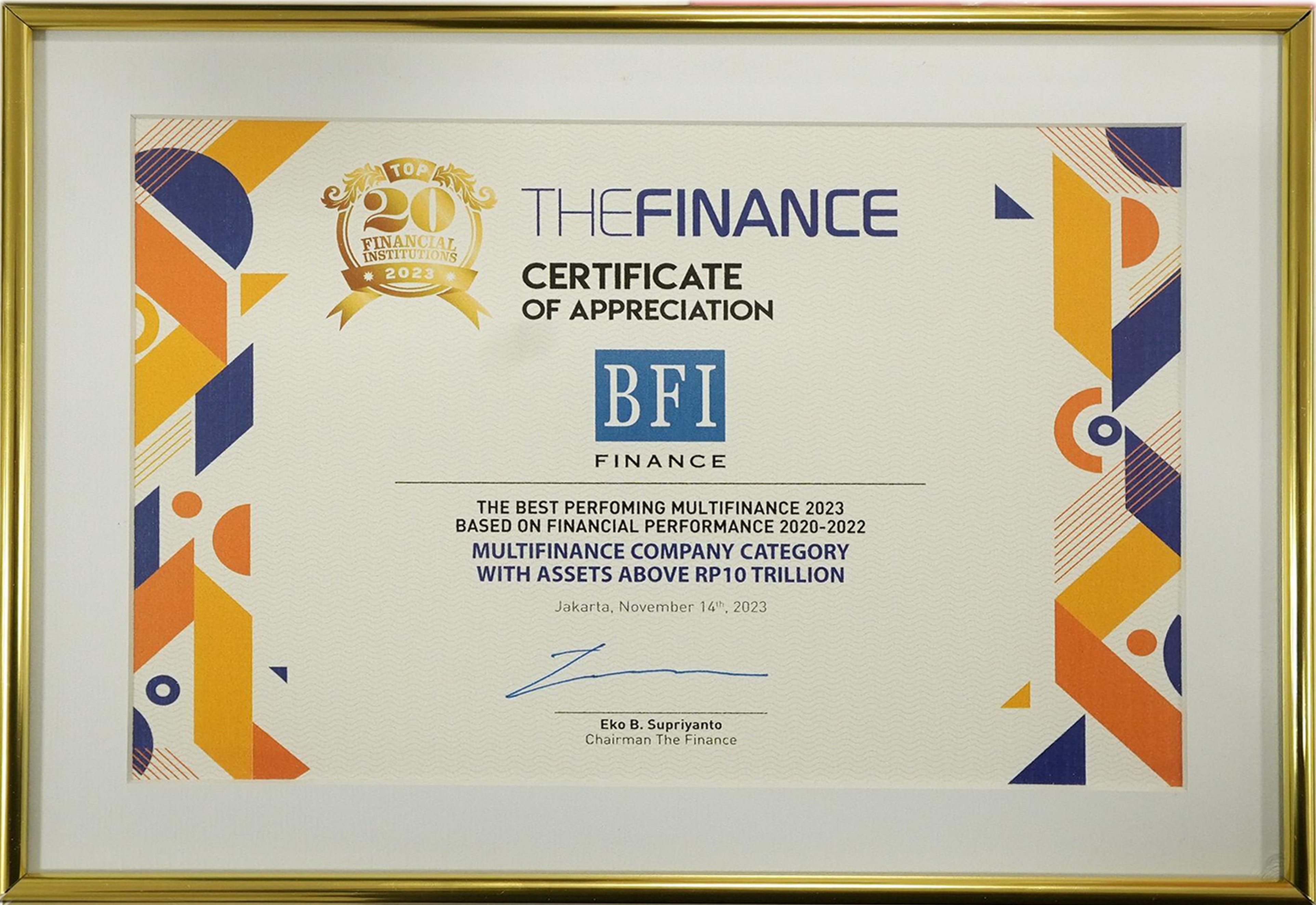 Cetak Kinerja Apik, BFI Finance Raih Penghargaan Top 20 Financial Institutions 2023