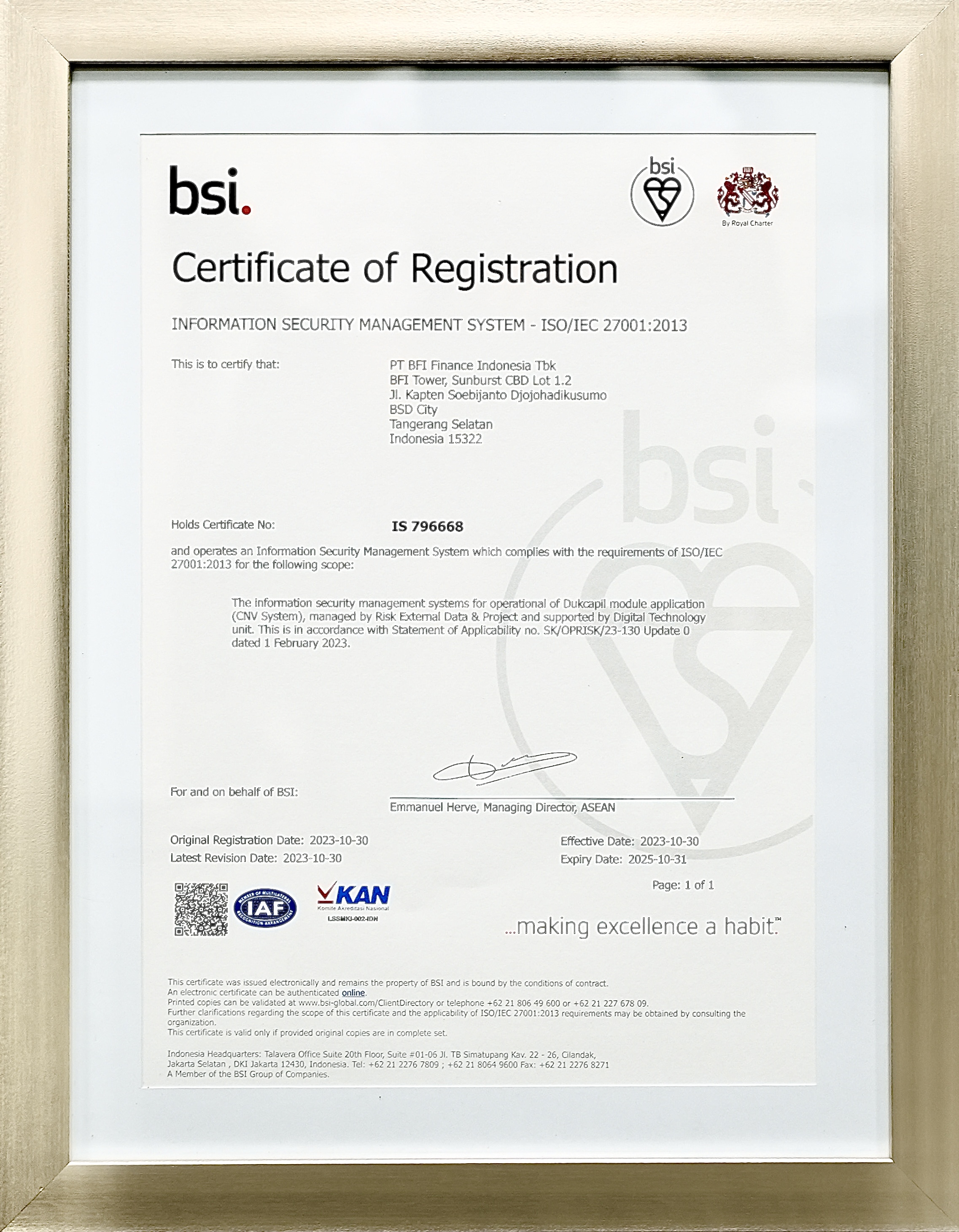 Terapkan Sistem Keamanan Informasi Berstandar Internasional,  BFI Finance Raih Sertifikasi ISO/IEC 27001:2013