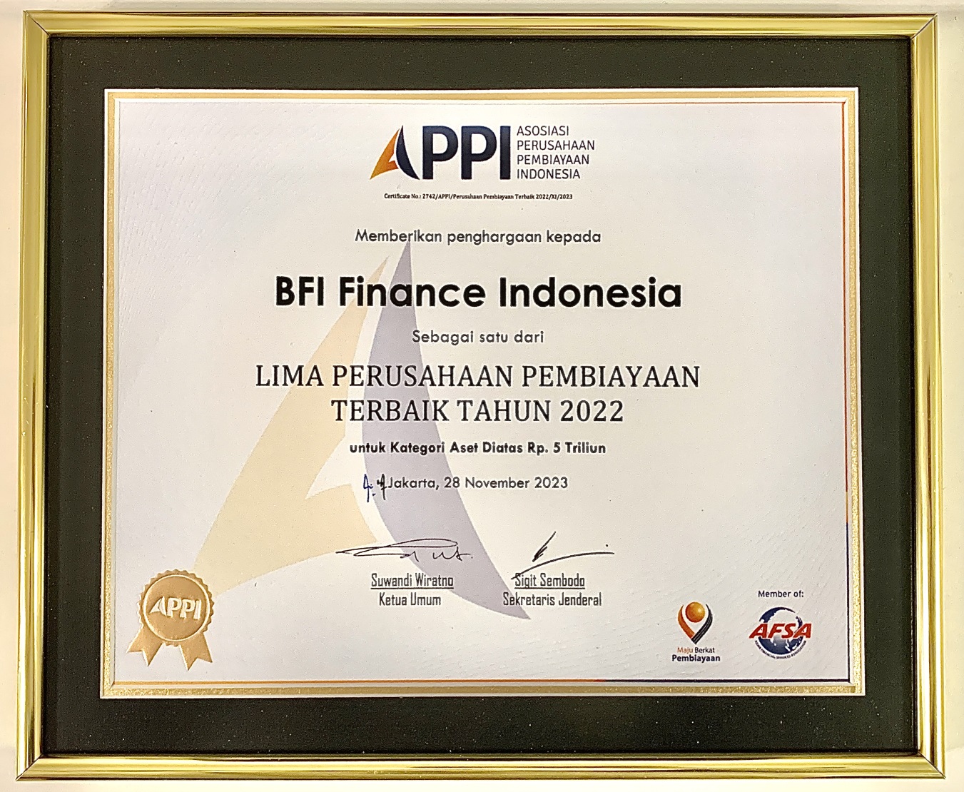 BFI Finance Masuk Jajaran Perusahaan Pembiayaan Terbaik Tahun 2022  versi APPI