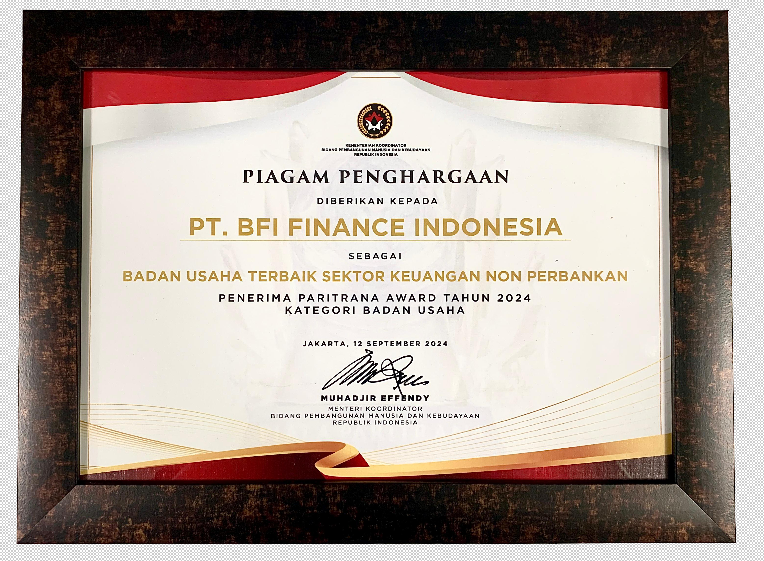 Terbaik & Satu-satunya,  BFI Finance Terima Paritrana Award 2024 Tingkat Nasional Kategori Sektor Keuangan Nonbank 