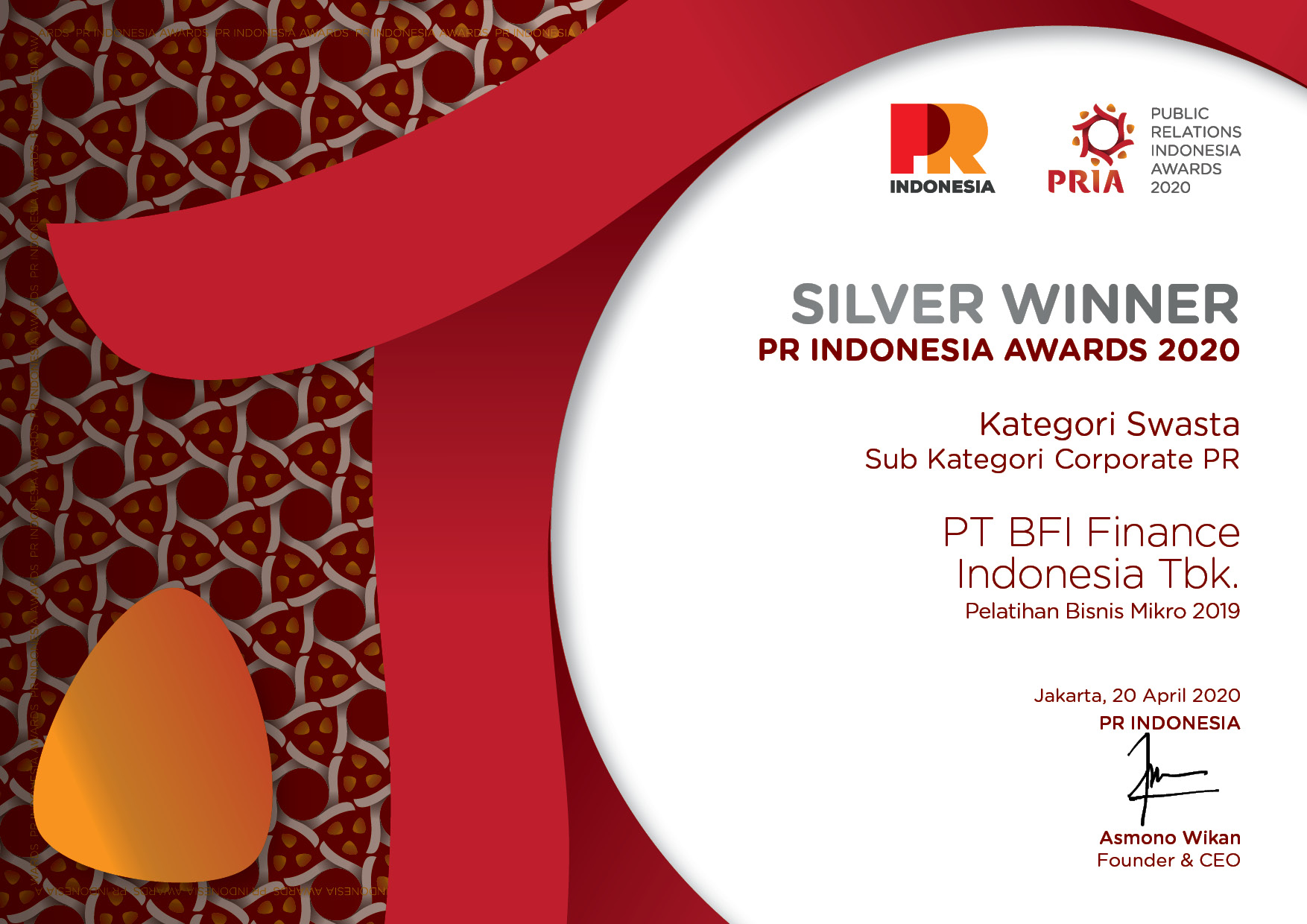 BFI Finance Raih Dua Penghargaan Dalam PR Indonesia Awards 2020